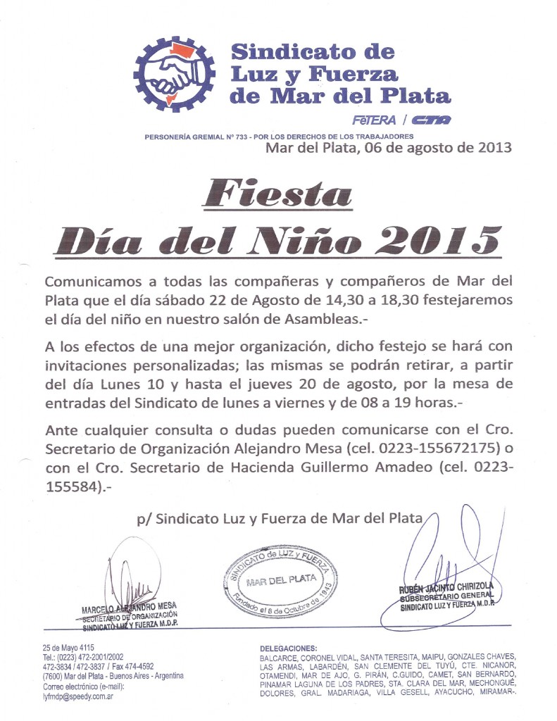 Comunicado Fiesta Dia Del Niño 2015