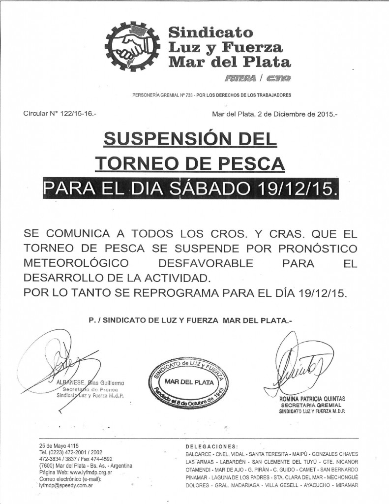 CIRCULAR 122 SUSPENSION DEL TORNEO DE PESCA