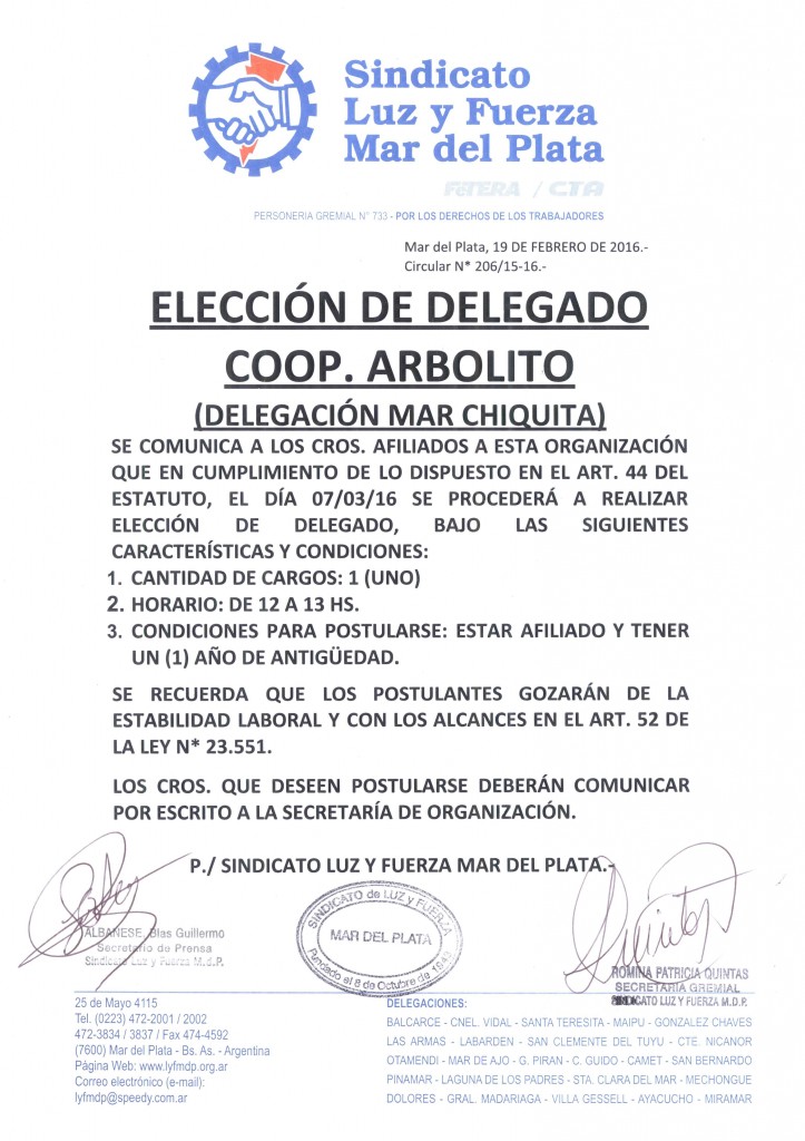 Circular 206 (15-16) Eleccion Delegado Arbolito