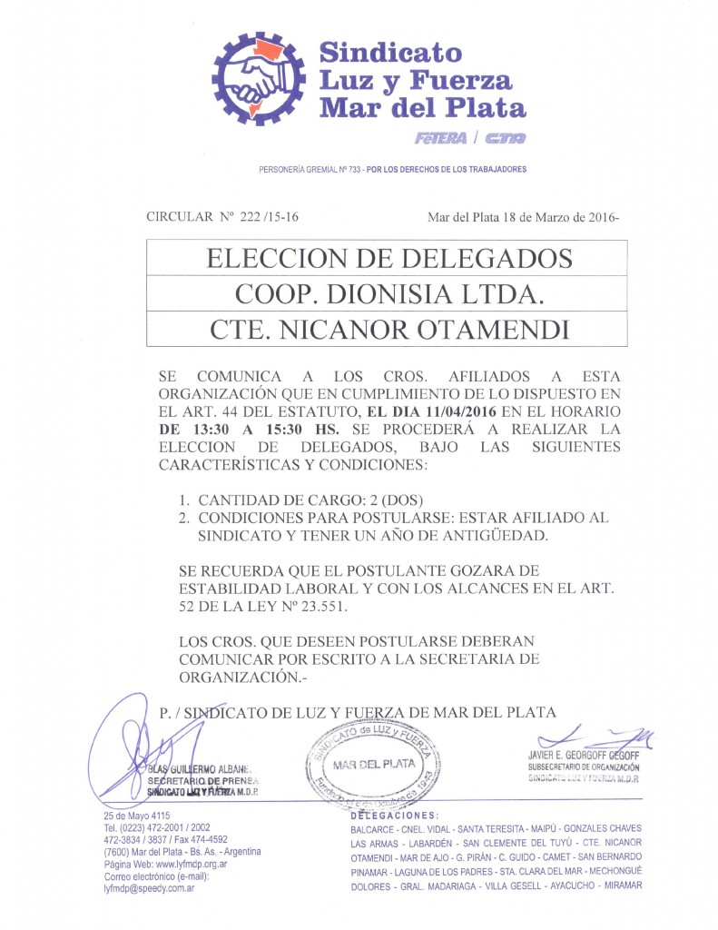 Circular 222 Eleccion delegados Otamendi