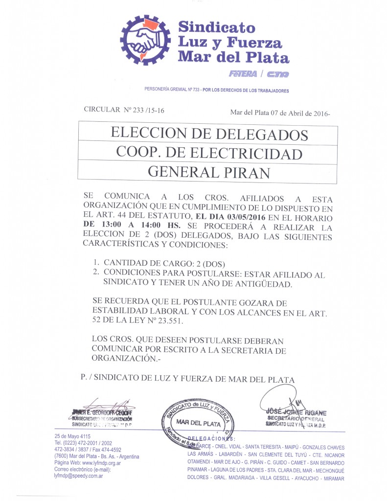 Circular 233 (15-16) Eleccion Delegados Piran