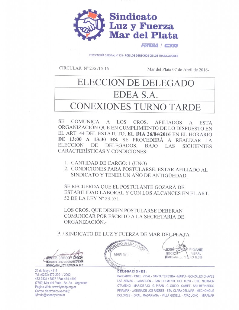 Circular 235 (15-16) Eleccion Delegados EDEA T. Tarde