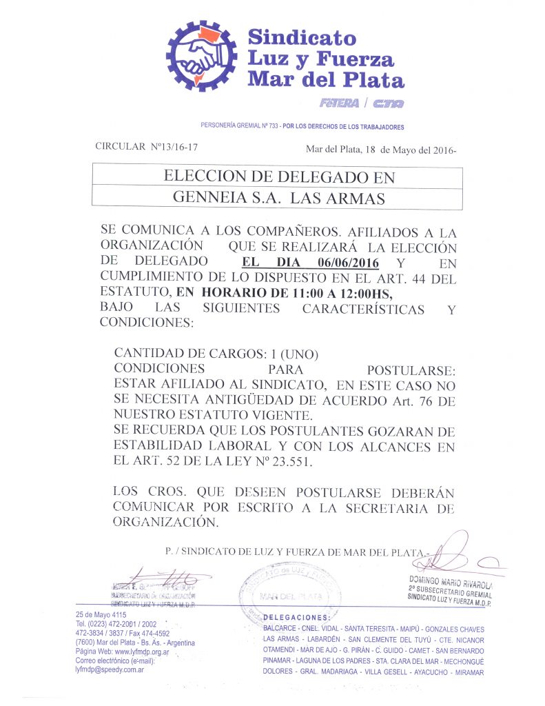 Circular 13 (16-17) Eleccion delegados Genneia Las Armas