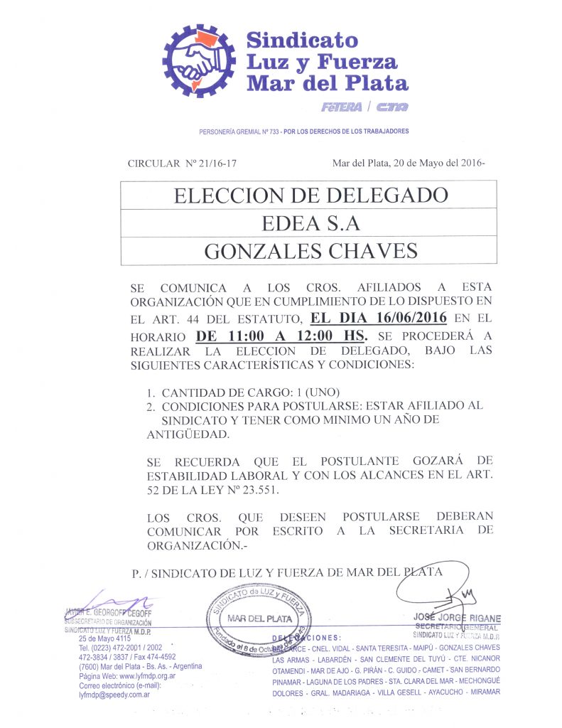 Circular 21 (16-17) Eleccion de Delegado en Chaves