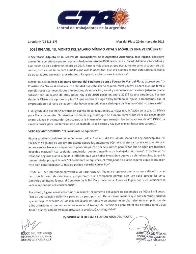 Circular 22 (16-17) Declaraciones Rigane sobre Salario Minimo