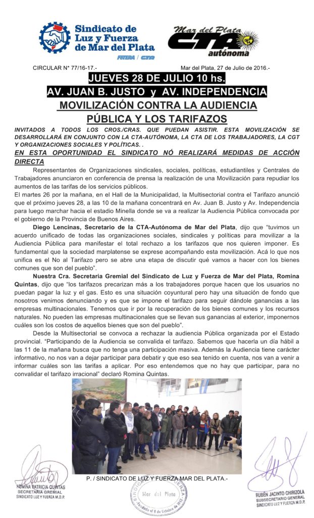 Circular 77 (16-17) Convocatoria Movilizacion contra Audiencia publica