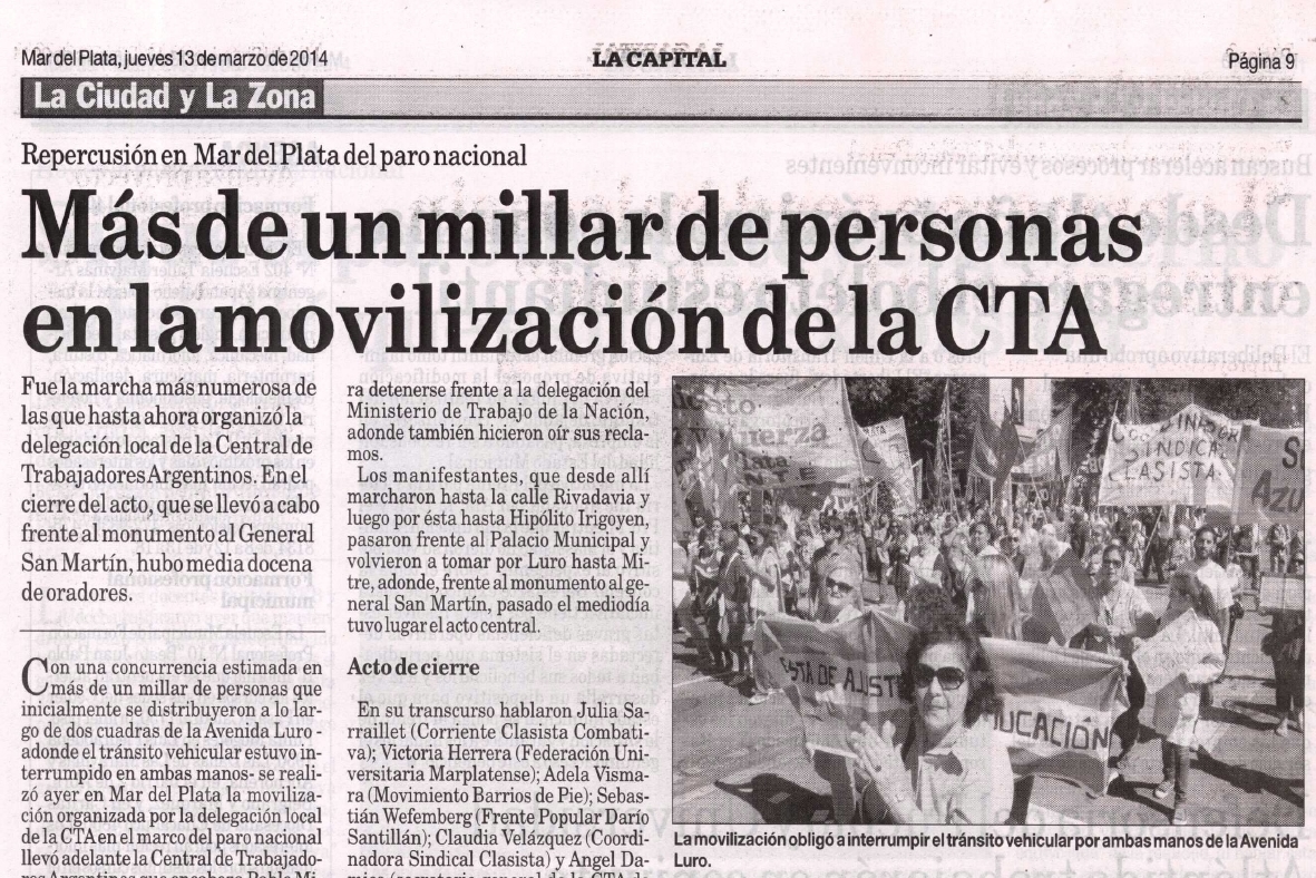 Paro Nacional de la CTA: Movilización en Mar del Plata