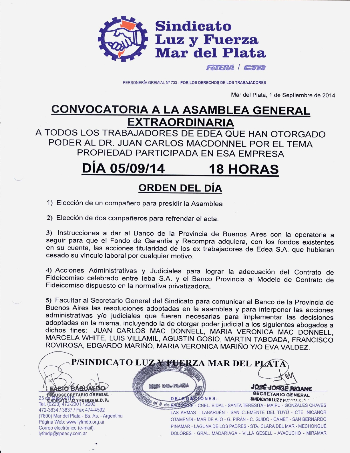 Convocatoria Asamblea General Extraordinaria // Viernes 5 de Septiembre de  2014 | Luz y Fuerza Mar del Plata