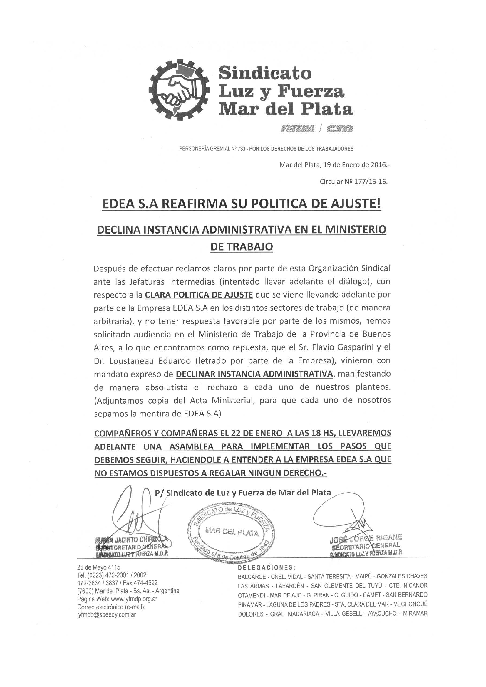 CIRCULAR 178 (15-16) REAJUSTE BOLSA DE TRABAJO EN MAR DEL PLATA