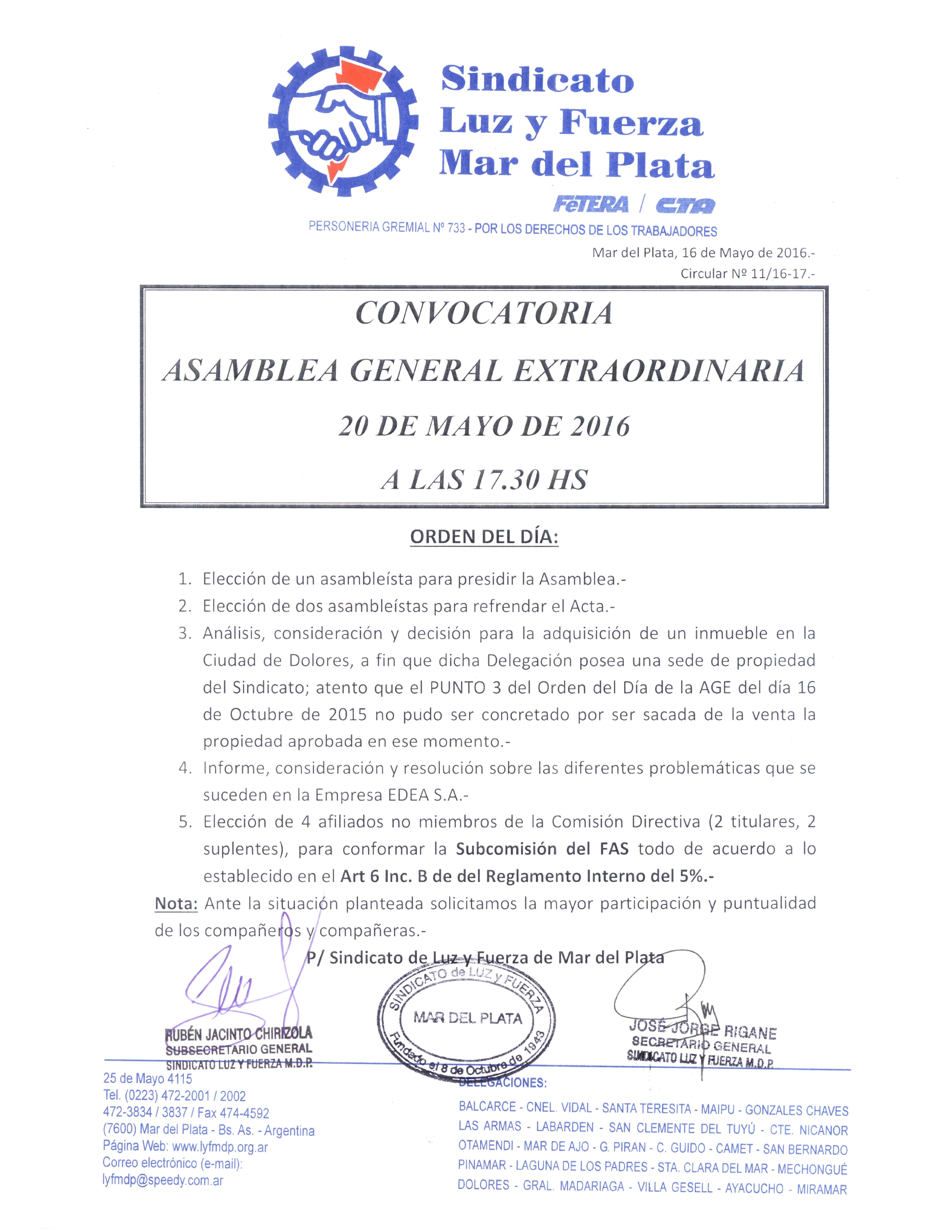 CIRCULAR N°11 (16-17) CONVOCATORIA A.G.E. 20 DE MAYO DE 2016