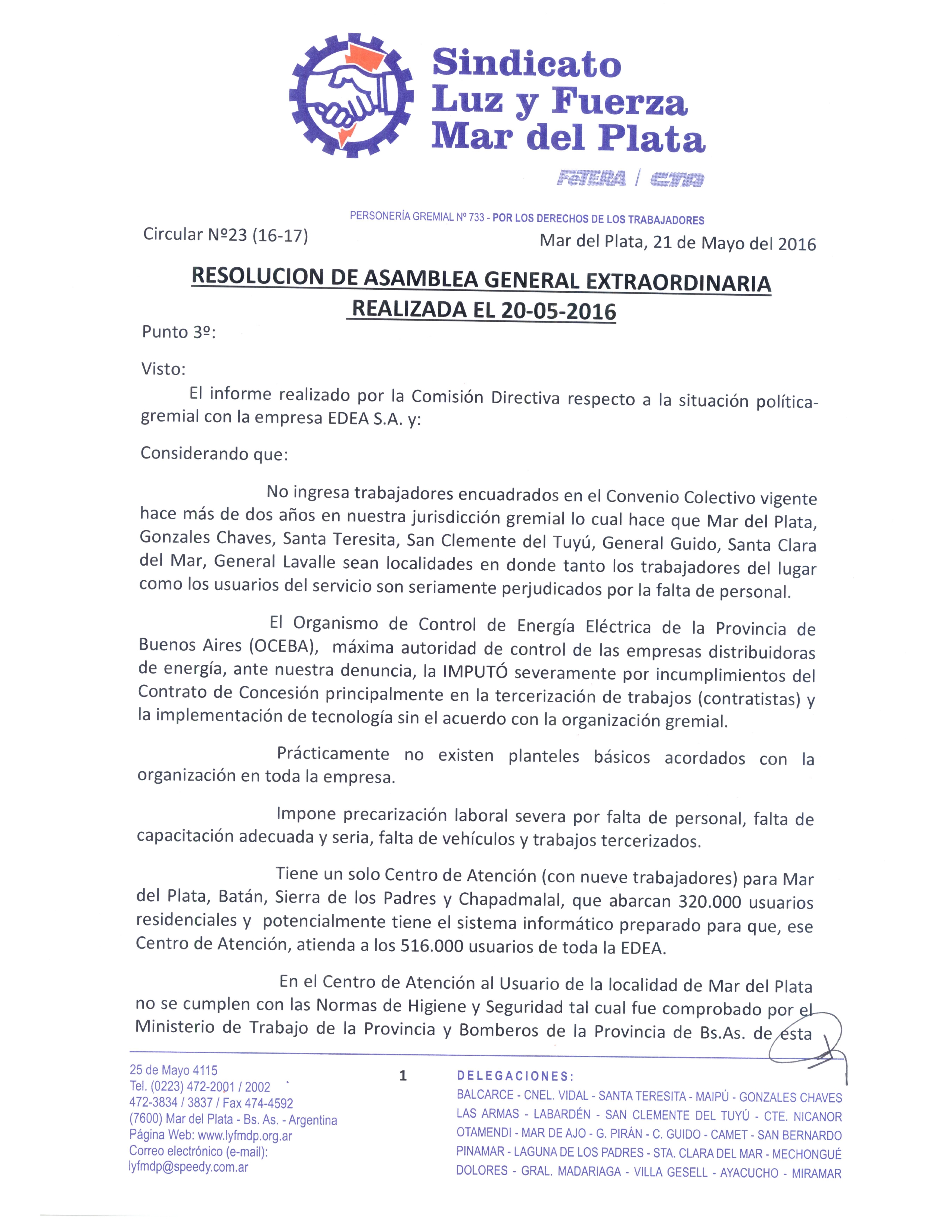 RESOLUCIÓN DE ASAMBLEA GENERAL EXTRAORDINARIA REALIZADA EL 20-05-2016