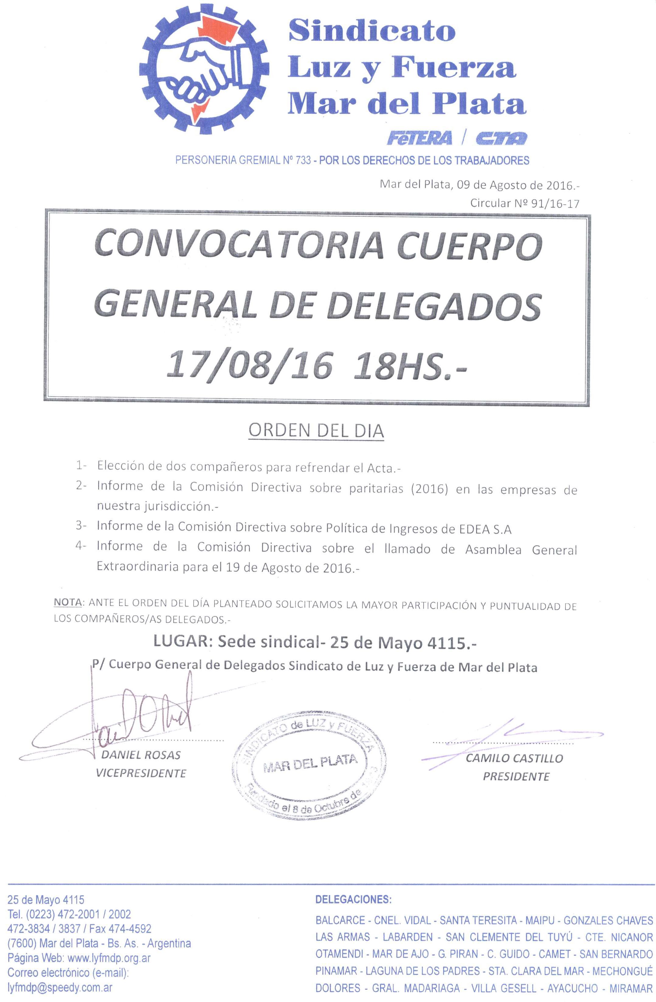 CONVOCATORIA AL CUERPO GENERAL DE DELEGADOS 17 DE AGOSTO 2016