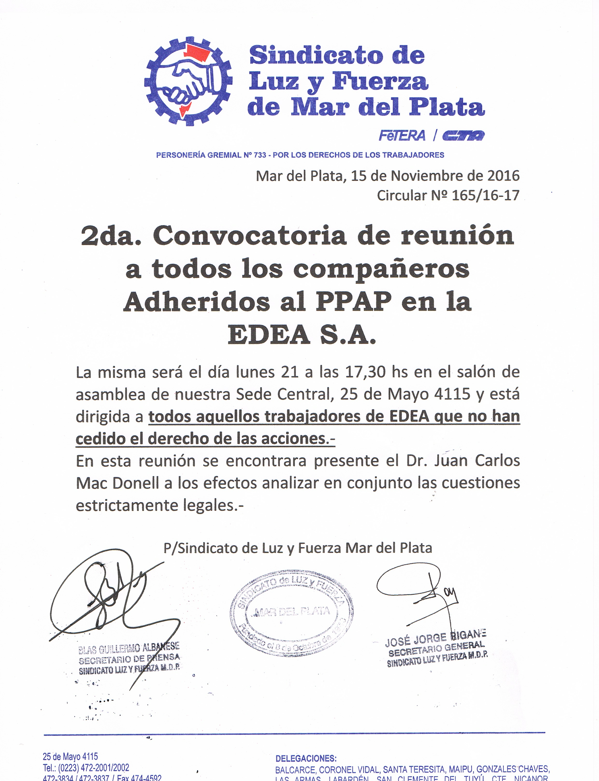 2da. Convocatoria de reunión a todos los compañeros Adheridos al PPAP en la EDEA S.A.