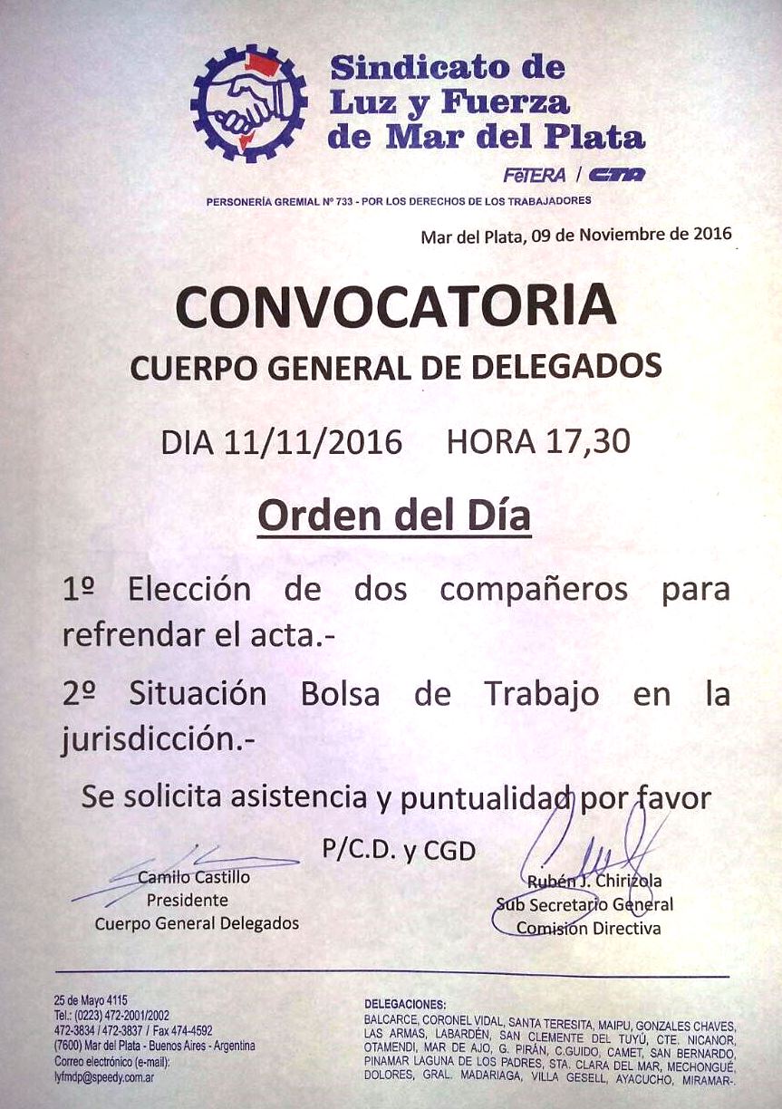 CONVOCATORIA AL CUERPO GENERAL DE DELEGADOS: VIERNES 11 DE NOVIEMBRE 2016