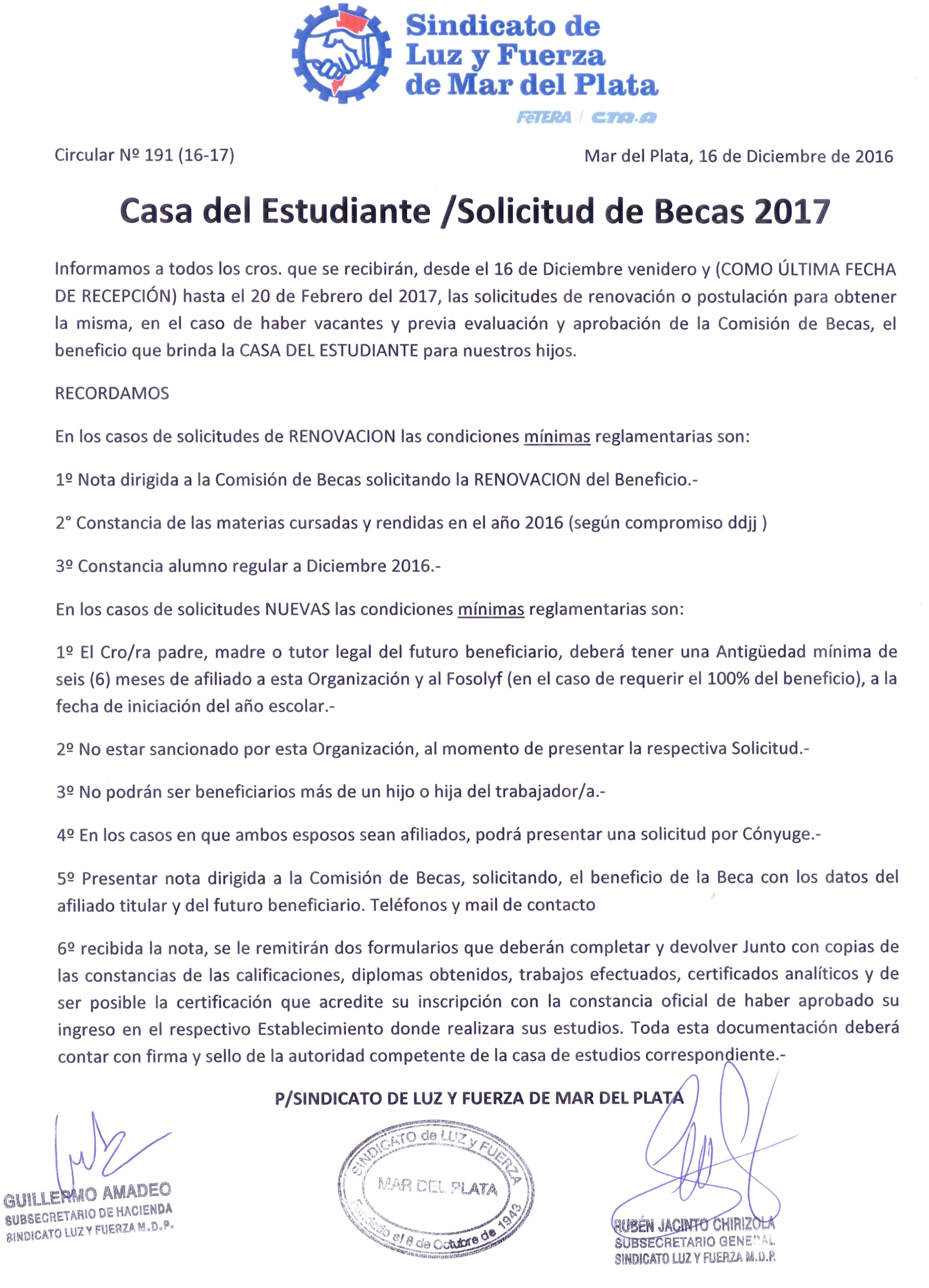 CIRCULAR N°191 (16-17): CASA DEL ESTUDIANTE: SOLICITUD DE BECAS 2017
