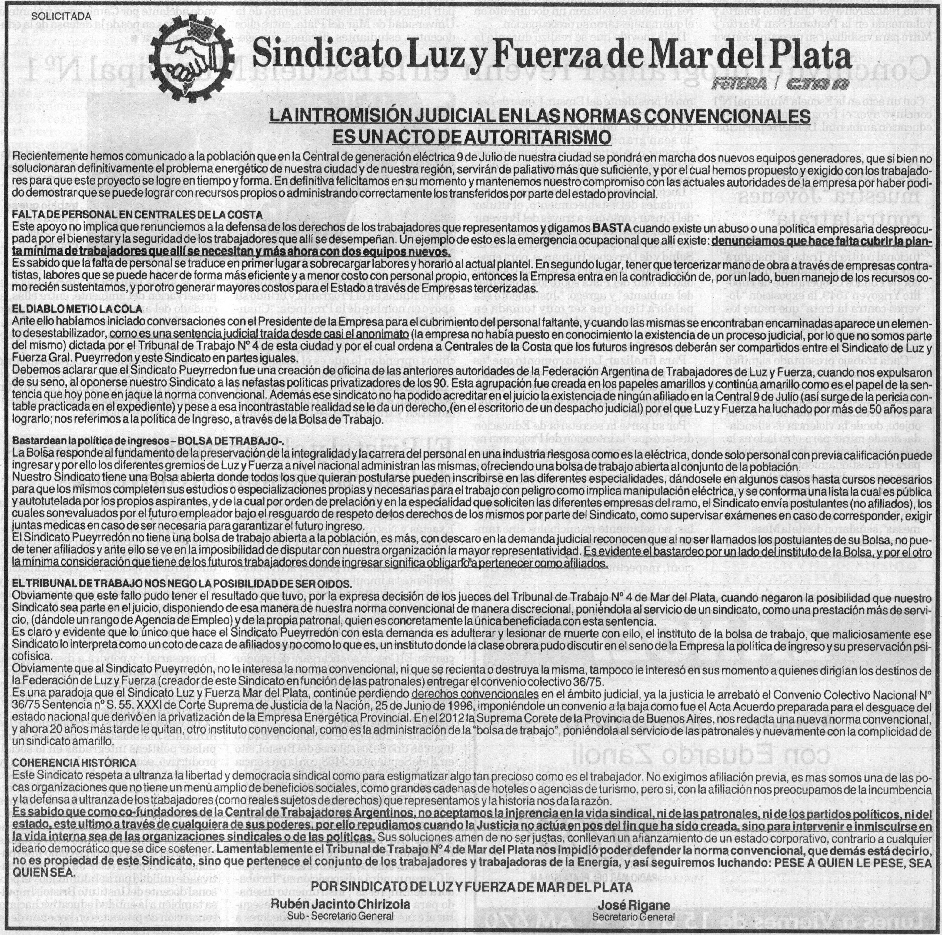 Solicitada en Diario La Capital de Mar del Plata del 1-12-16 contra la Intromisión Judicial en las normas convencionales