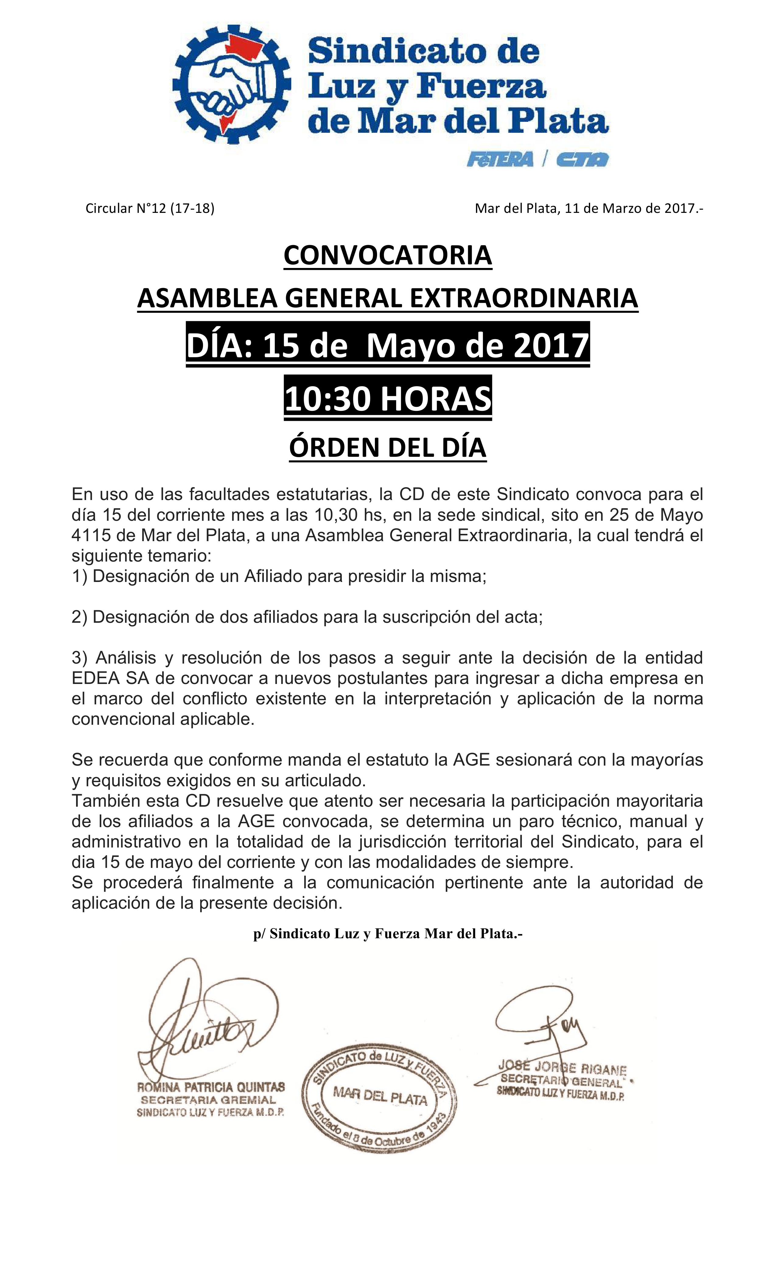 CONVOCATORIA ASAMBLEA GENERAL EXTRAORDINARIA: 15 de Mayo – 10:30 HORAS |  Luz y Fuerza Mar del Plata