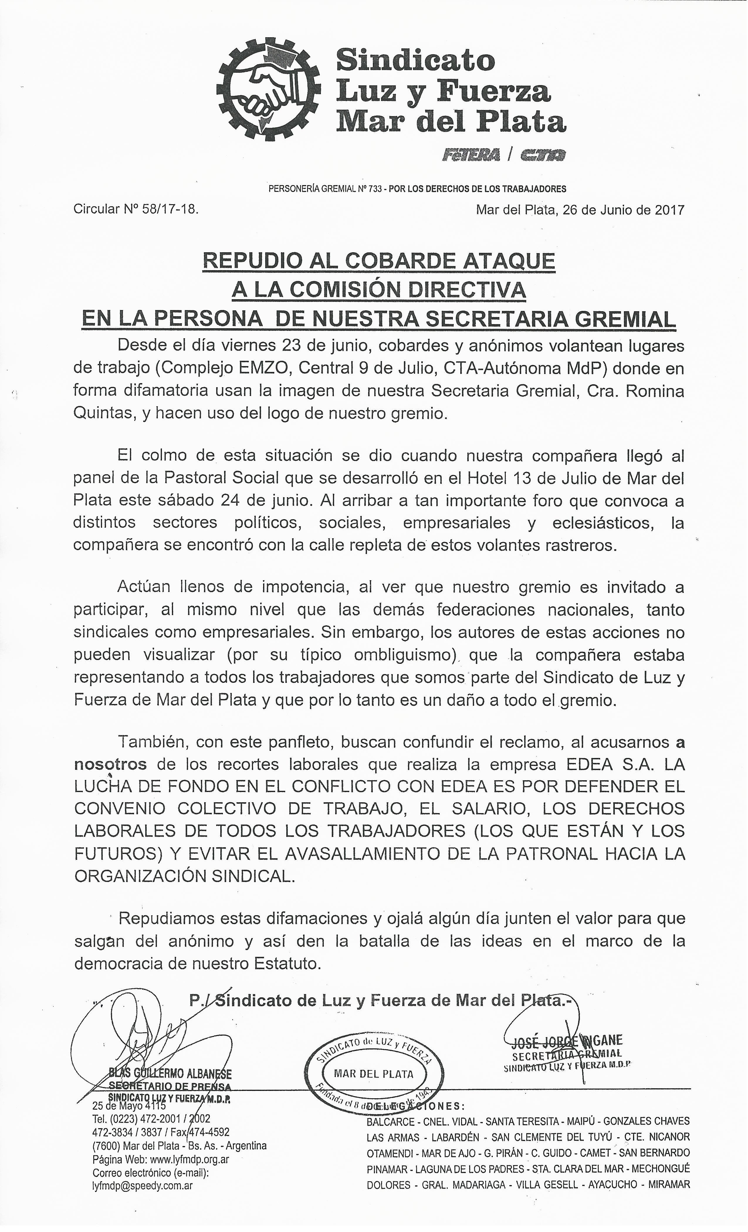 REPUDIO AL COBARDE ATAQUE A LA COMISIÓN DIRECTIVA EN LA PERSONA DE NUESTRA SECRETARIA GREMIAL