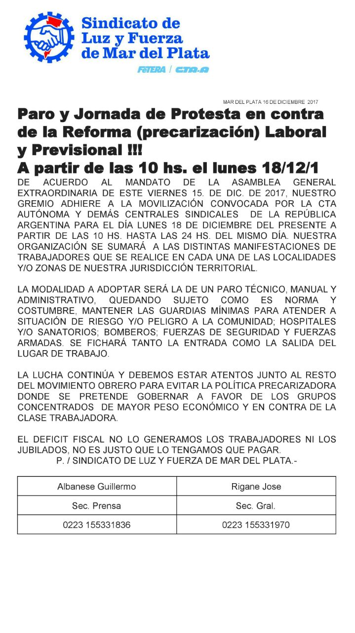 Paro y Jornada de Protesta en contra de la Reforma (precarización) Laboral y Previsional !!!