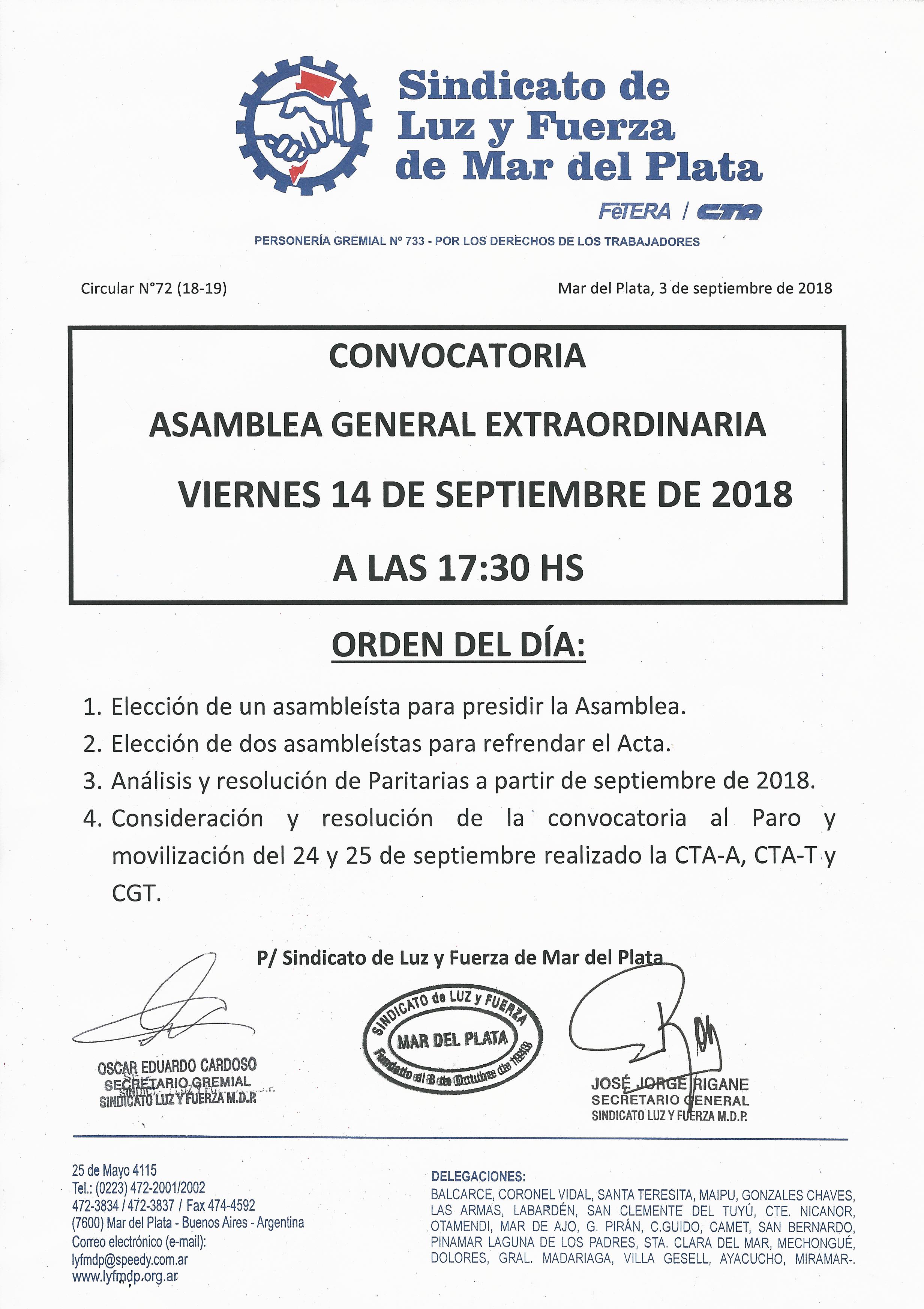 CONVOCATORIA A.G.E. 14 DE SEPTIEMBRE DE 2019