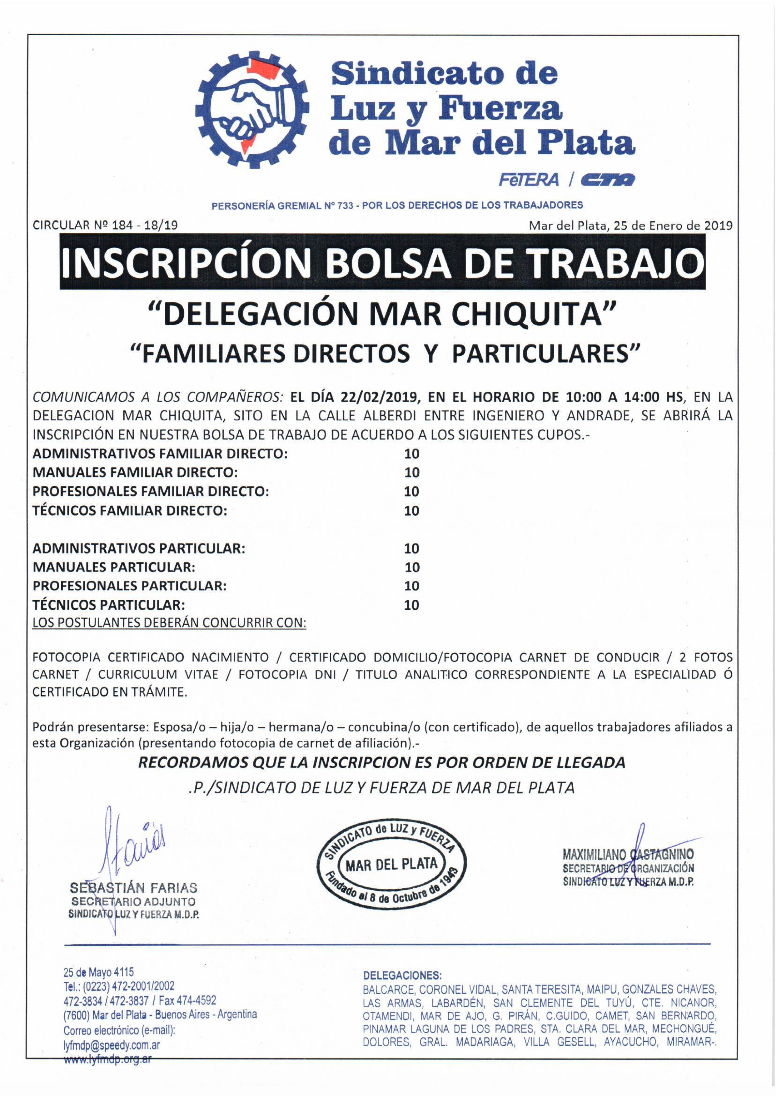 APERTURA INSCRIPCIONES BOLSA DE TRABAJO EN MAR CHIQUITA