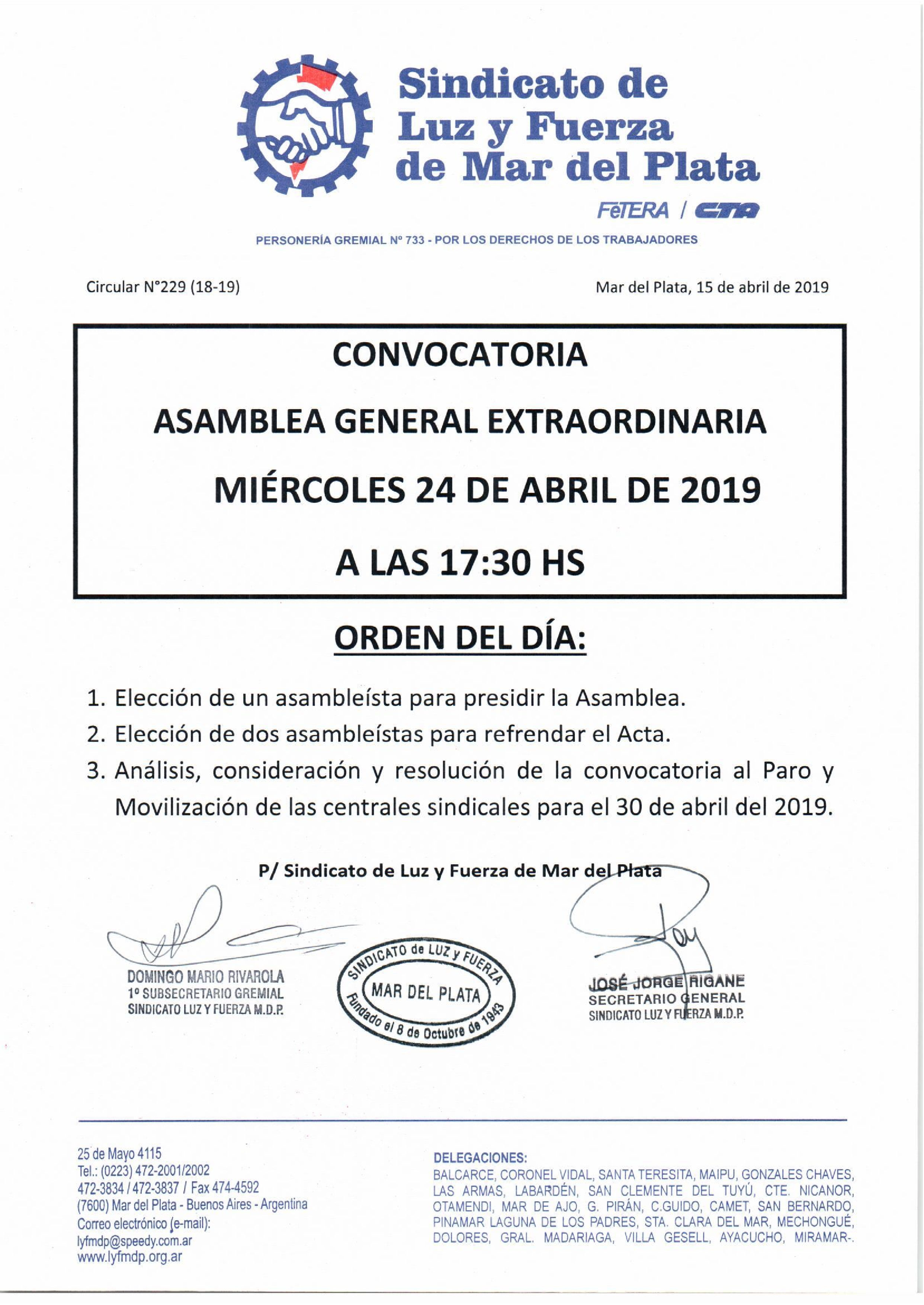 CONVOCATORIA ASAMBLEA GENERAL EXTRAORDINARIA 24.4.19