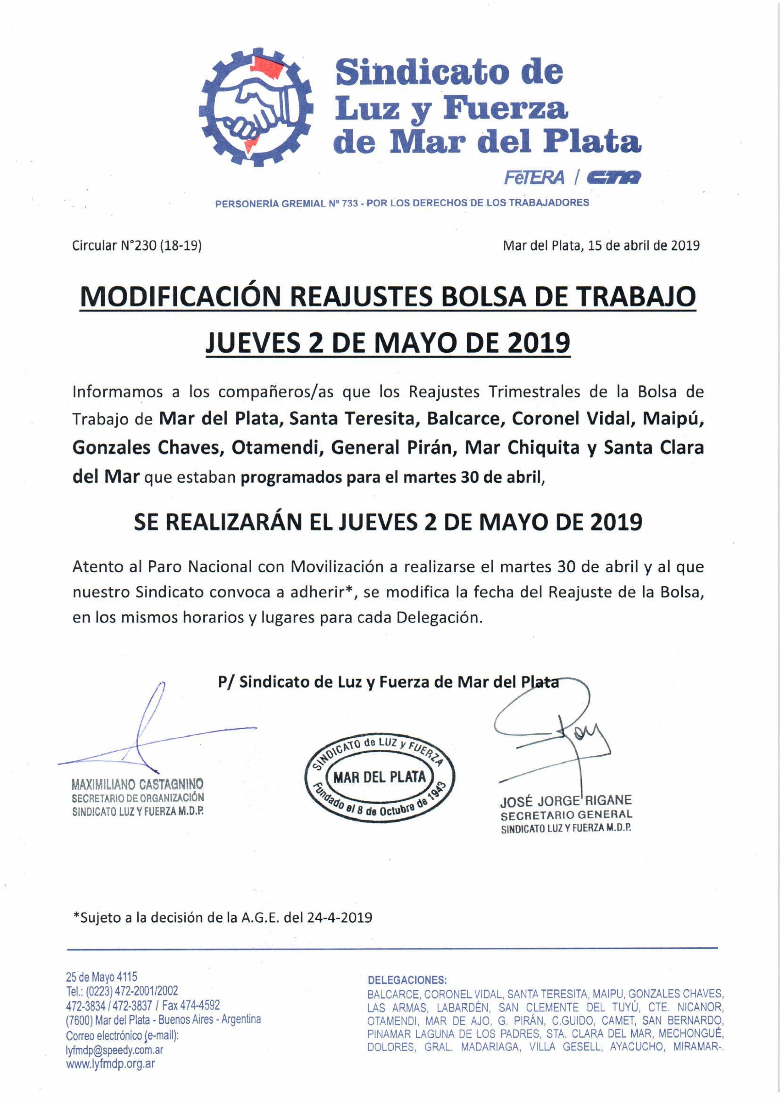 MODIFICACIÓN REAJUSTES BOLSA DE TRABAJO: JUEVES 2 DE MAYO DE 2019