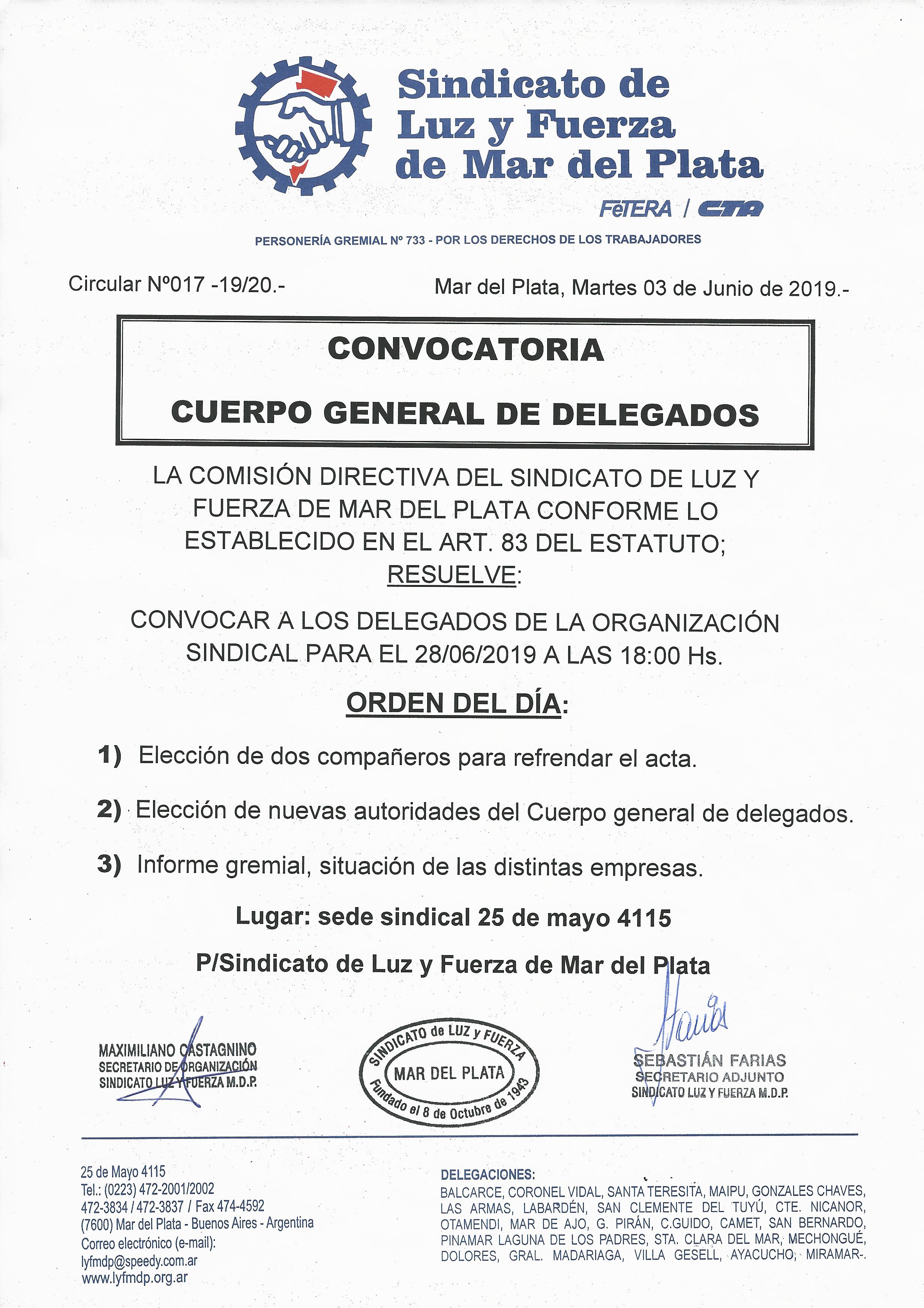 CONVOCATORIA AL CUERPO GENERAL DE DELEGADOS/AS PARA EL 28 DE JUNIO DE 2019