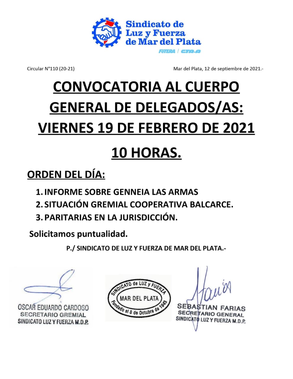 CONVOCATORIA AL CUERPO GENERAL DE DELEGADOS/AS: VIERNES 19.2.21