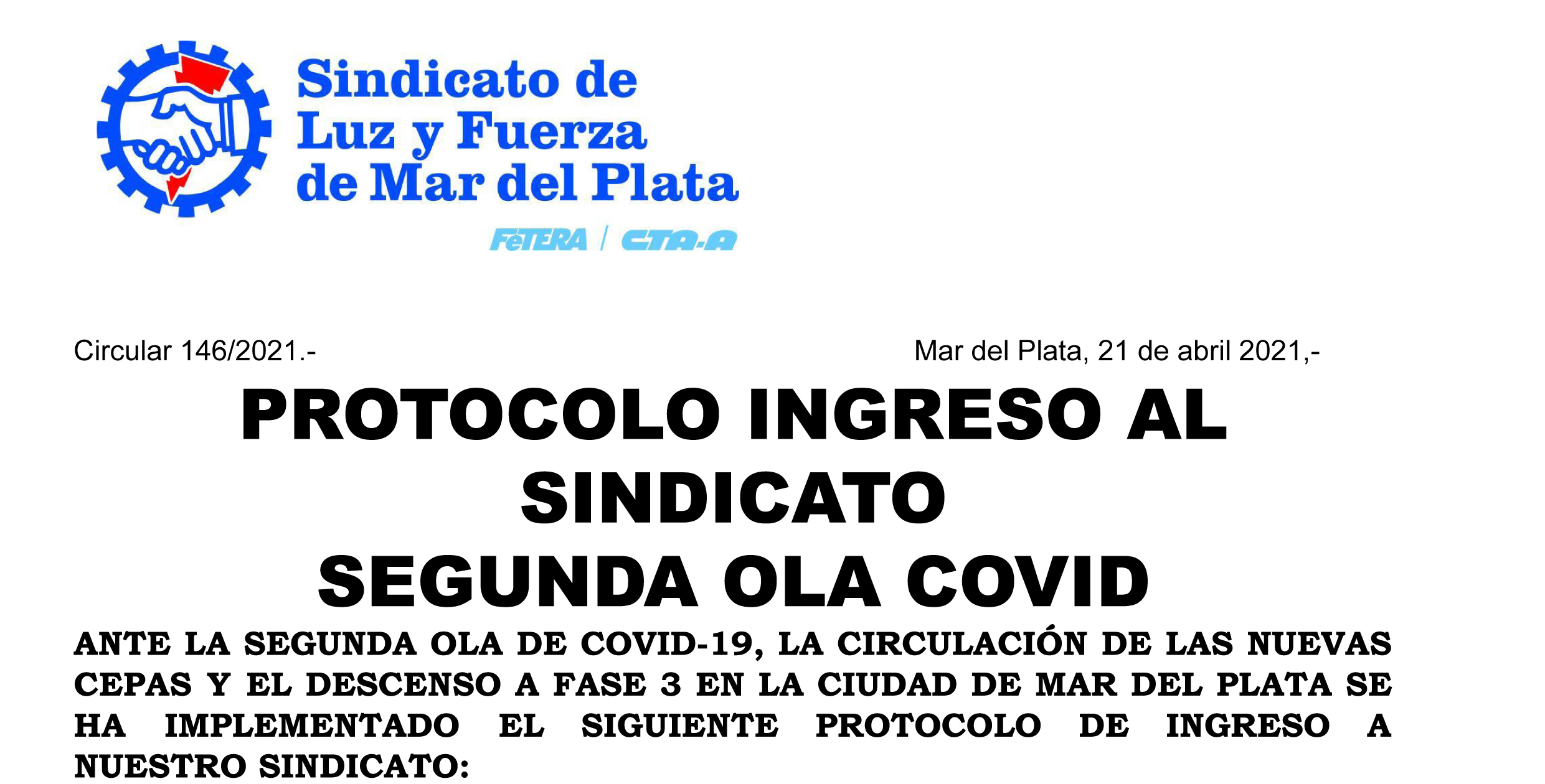 Protocolo de ingreso al Sindicato ante la segunda ola de COVID