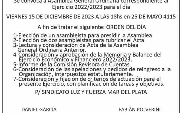 CONVOCATORIA A ASAMBLEA GENERAL ORDINARIA EJERCICIO DEL 1/05/2022 AL 30/04/2023