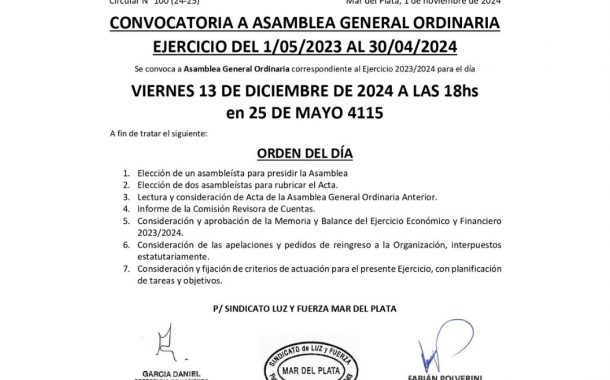 CONVOCATORIA A ASAMBLEA GENERAL ORDINARIA EJERCICIO DEL 1/05/2023 AL 30/04/2024